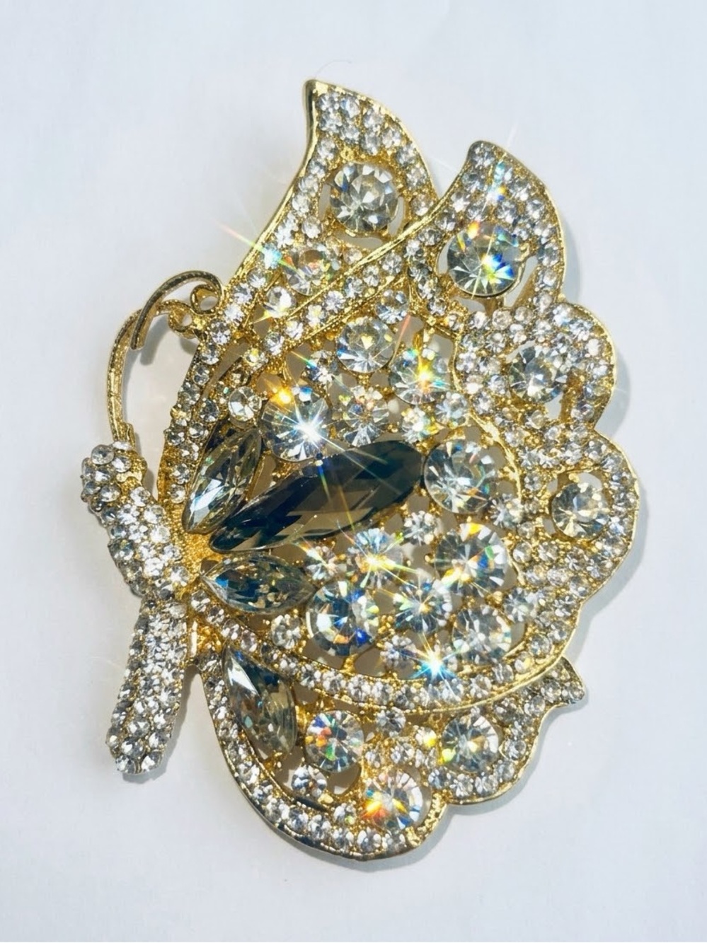 Gold and Clear Crystal Butterfly Brooch